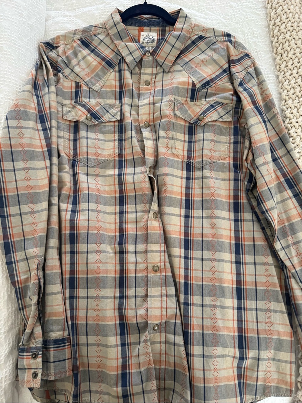 Long Sleeve Plaid Button-Up Shirt - Beige, Navy & Orange